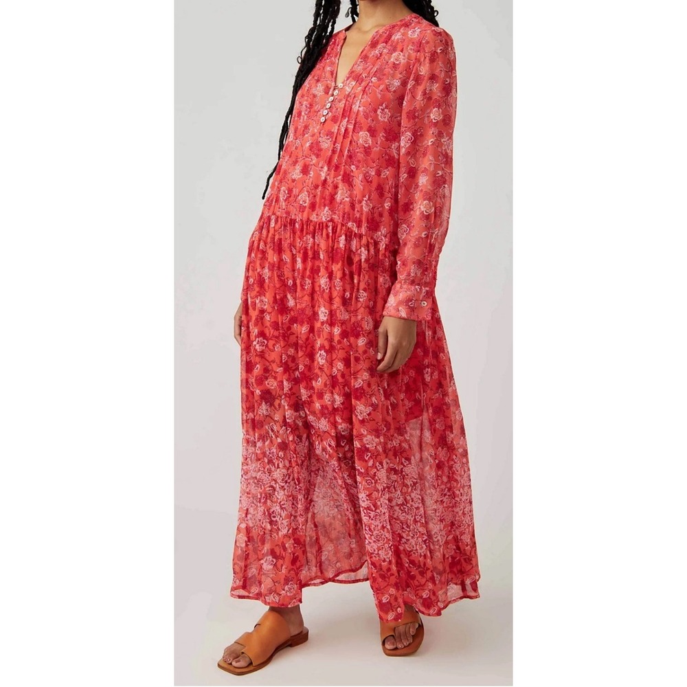 Free People See It Through Dress Small Red Pink Floral Sheer Maxi Boho Peasant